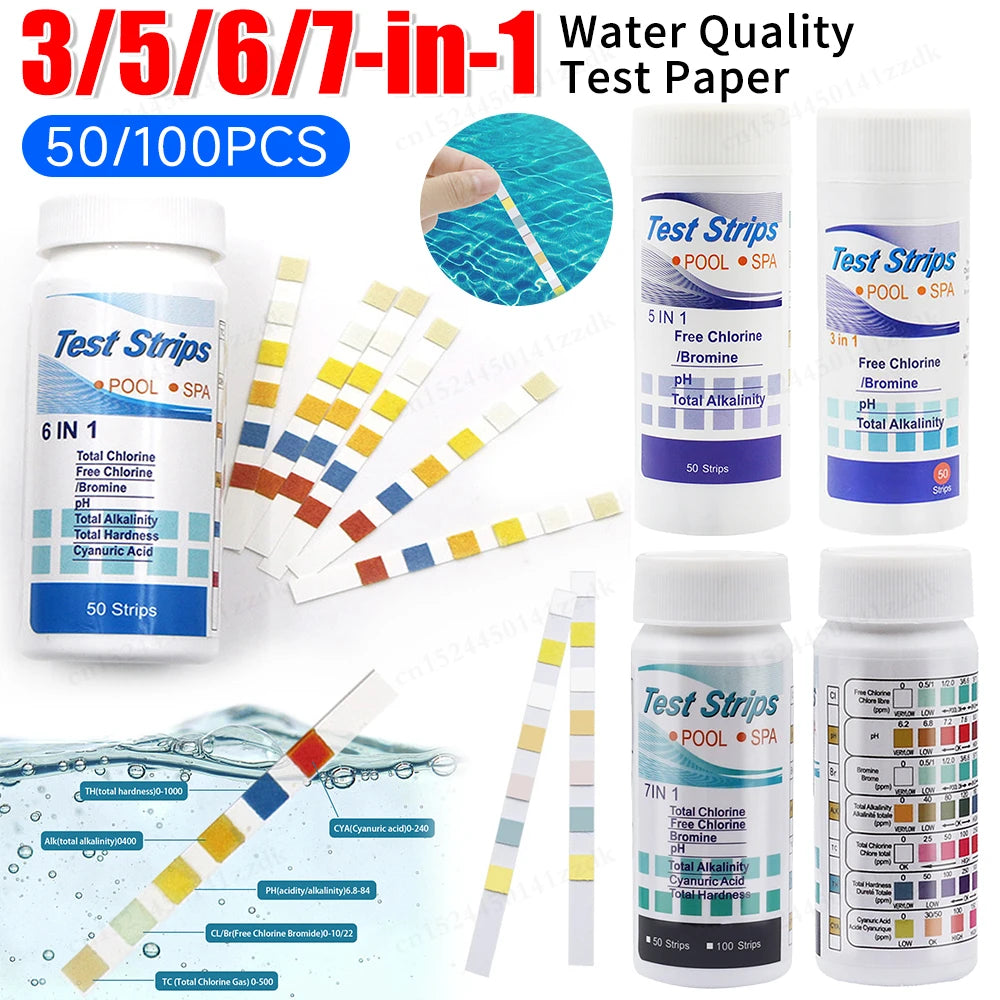 50/100pcs 3/5/6/7 in 1 Swimming Pool PH Test Strips SPA Swimming Pool Water Tester Paper Hardness Tool for Chlorine Bromine