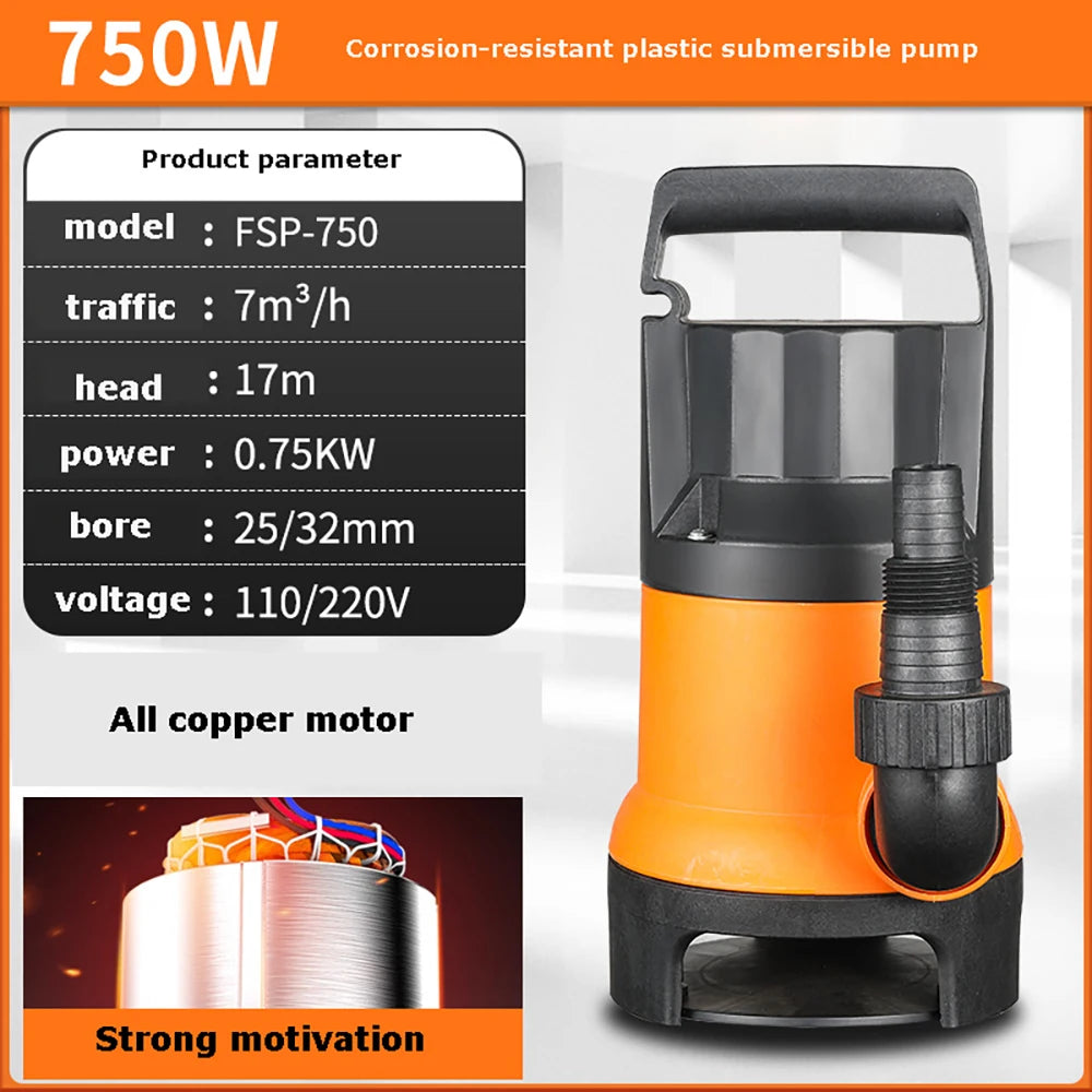 7500L/H Utility Thermoplastic Electric Portable Transfer Pool Pond Draining Sump Pump 550/750W Submersible Water Pump