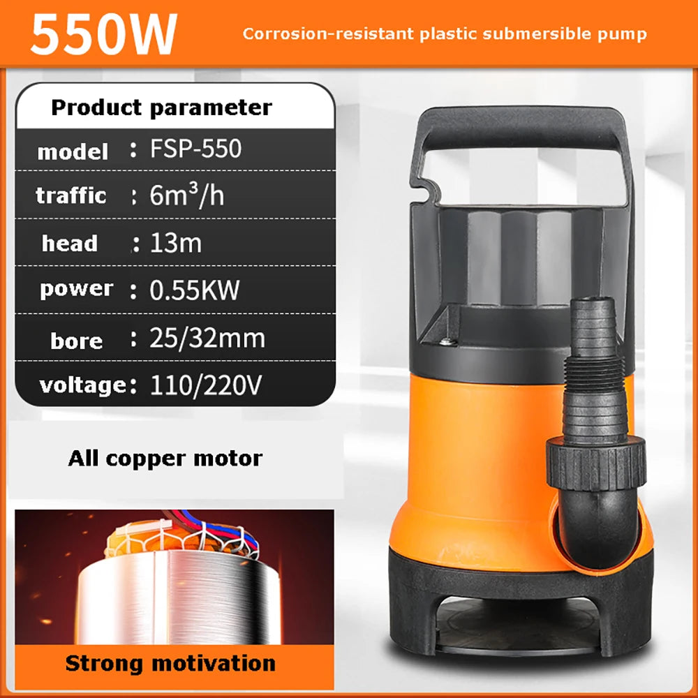 7500L/H Utility Thermoplastic Electric Portable Transfer Pool Pond Draining Sump Pump 550/750W Submersible Water Pump