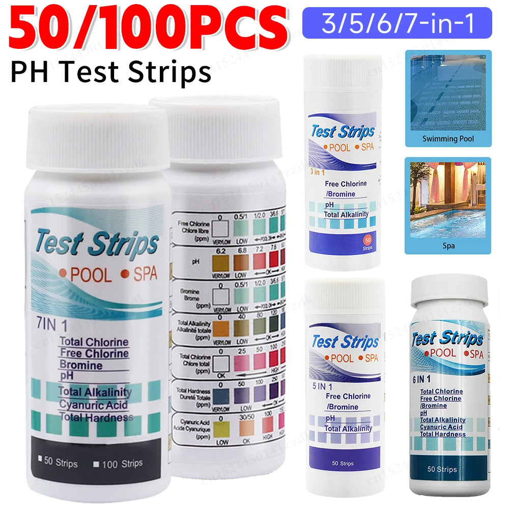 50/100pcs 3/5/6/7 in 1 Swimming Pool PH Test Strips SPA Swimming Pool Water Tester Paper Hardness Tool for Chlorine Bromine