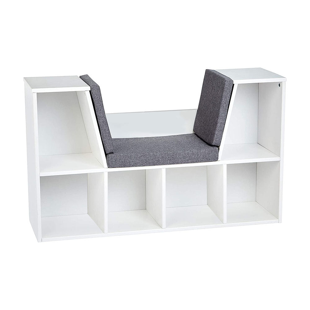 Storage shelf with seat and cushion