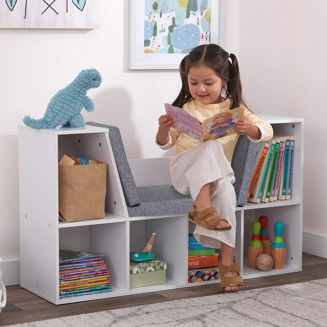 Storage shelf with seat and cushion