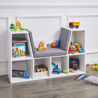 Storage shelf with seat and cushion